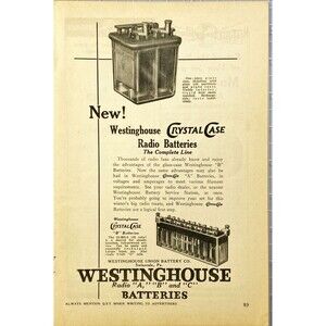 Westinghouse Crystal Case Radio Batteries "The Complete Line" Vtg Print Ad 1923